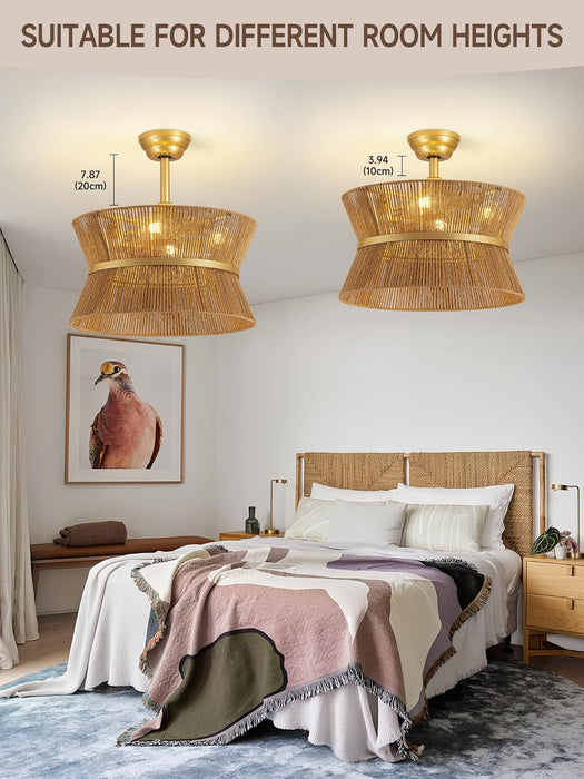 Boho Fandelier Ceiling Fan with Light and Remote Rattan Chandelier Fan Gold Caged Ceiling Fan with Light for Bedroom, Living Room Nursery Foyer Kitchen（6 Speed, Timing Adjustable Height）