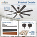 Large Ceiling Fans with Lights: Modern 72 Inch 8 Blade Outdoor Ceiling Fan with Remote APP Control - Dimmable Black Big Fan Light Indoor Reversible 6 Speed Quiet DC Motor