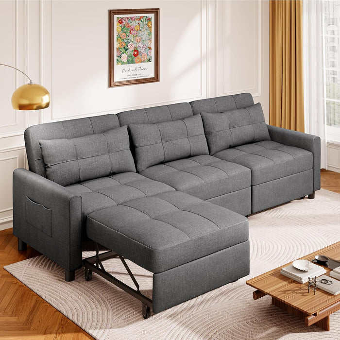 L-Shaped Sleeper Sofa Dark Grey, 84", with Ottoman