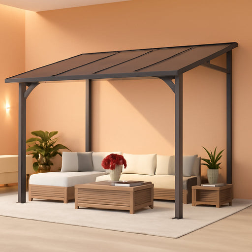 10'X20' Hardtop Wall Mounted Gazebo with Gutters & Galvanized Steel Roof, 60MPH Wind Resistance, Lean to Gazebo Pergola with Sloped Roof for Deck, Porch, Backyard and More, Black