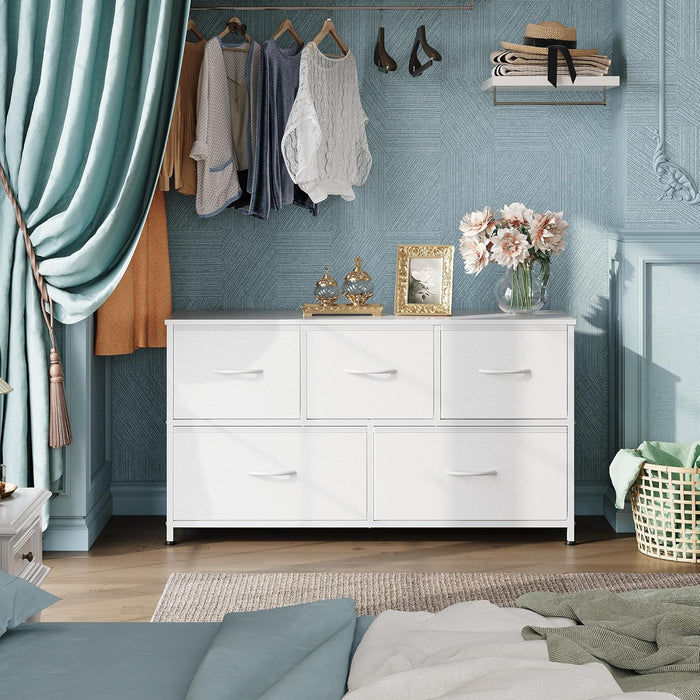 Dresser for Bedroom with 5 Drawers, Wide Chest of Drawers, Fabric Dresser, Storage Organization Unit with Fabric Bins for Closet, Living Room, Hallway, White