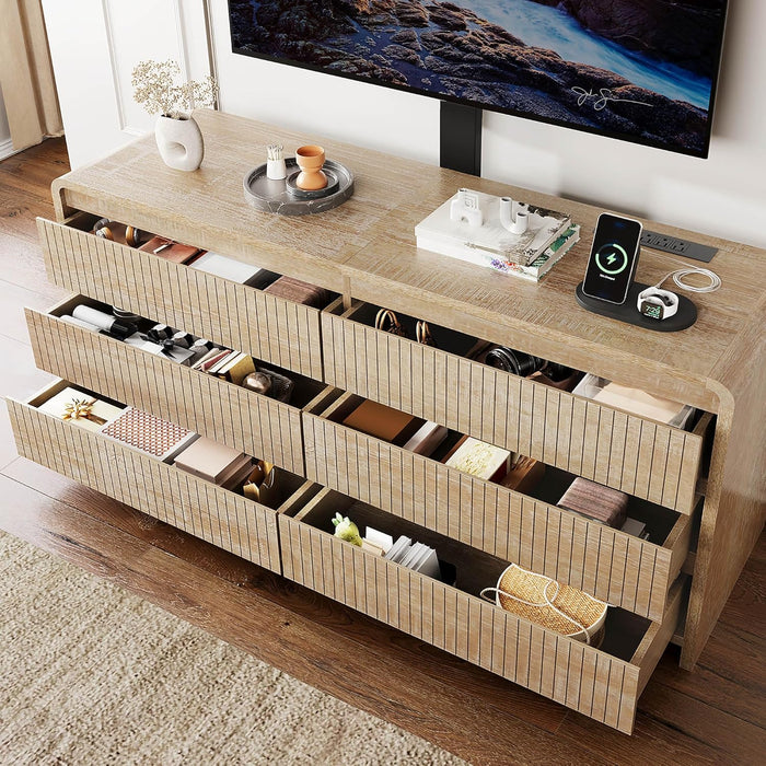 6 Drawers TV Stand with Mount for 26''-75'' Tvs, 53 Inch Entertainment Center W/Power Outlet, Curved Profile Design, Height Adjustable, Media Console with Drawer for Living Room, Natural Oak