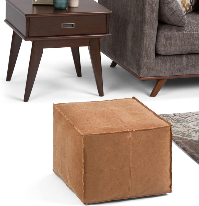 Brody Square Pouf - 18 Inch Wide Upholstered Vegan Leather Ottoman in Distressed Brown, Boho Footstool, Coffee Table or Extra Seating for Living Room or Bedroom, Assembled