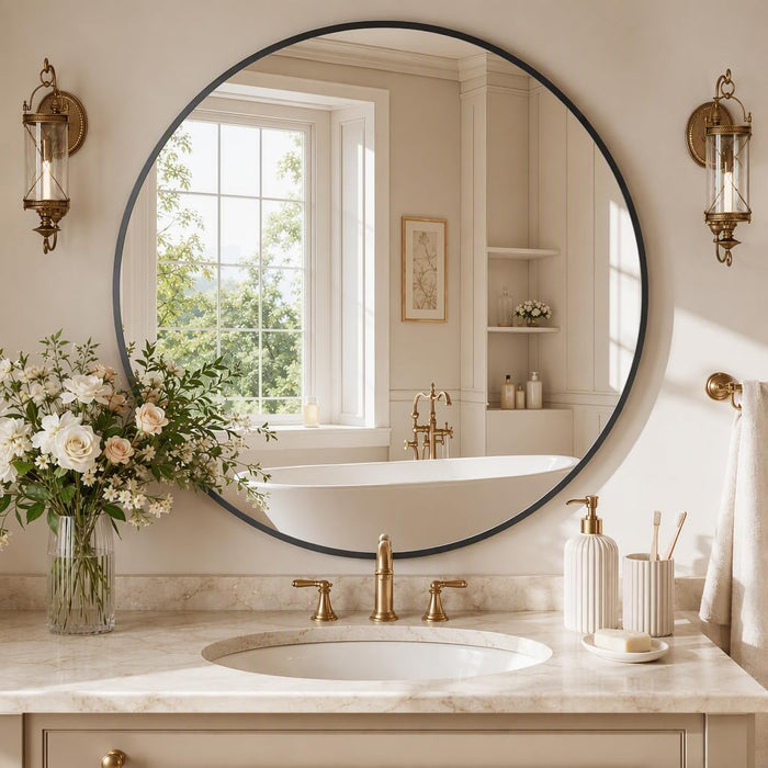 40 Inch round Mirror, Black Metal Frame Wall Mirror for Bathroom