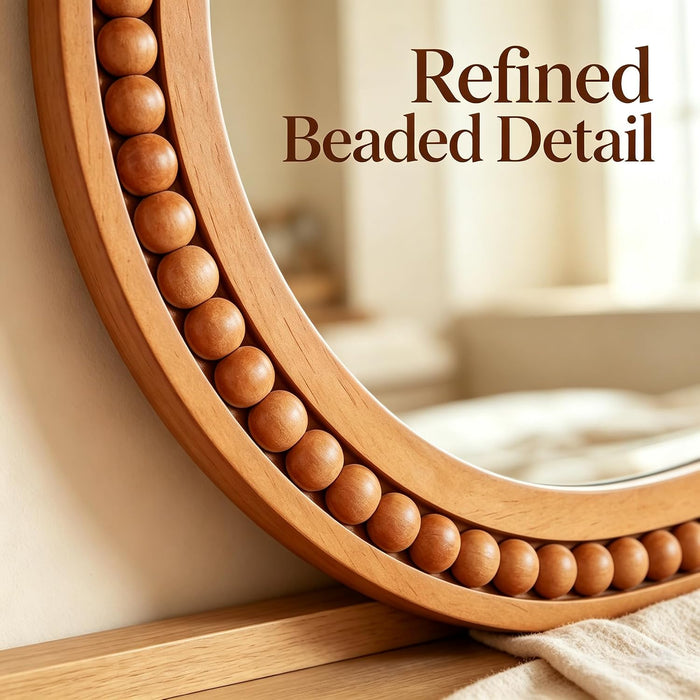 30 Inch round Wall Mirror with Beaded Solid Wood Frame, Decorative Wall Mirror with Tempered Glass, Farmhouse Home Decor for Bathroom, Living Room, Entryway, Yellowish Brown