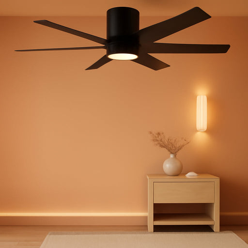 48 Inch Flush Mount DC Ceiling Fan with Lights and Remote, 5 Reversible Carved Wood Blades, 6-Speed Noiseless DC Motor, Hugger Ceiling Fan in Black Finish, Low Profile Ceiling Fans, ETL Listed