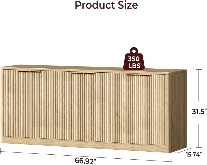 67" Oak Fluted TV Stand for Tvs up Tp 75", Mid-Century Modern Entertainment Center with Storage Cabinets and Fluted Doors, Wood Media TV Consoles for Living Room and Bedroom Furniture