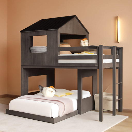 Antique Gray TwinOverFull BunkBedWithRoofAndGuardrails