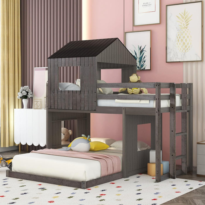 Antique Gray TwinOverFull BunkBedWithRoofAndGuardrails