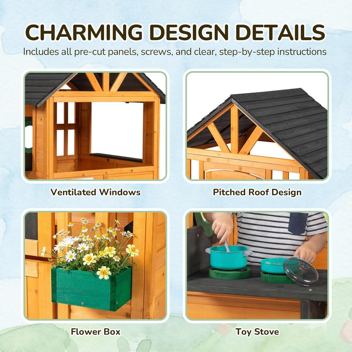 Kids Outdoor Playhouse with Dog Door, Wooden Toddler outside Play Kitchen W/Picnic Bench, Flower Pot, Cookware & Windows for Garden, Backyard, Indoor Playroom, Ages 3-8 (Natural)