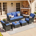 5-Pieces Patio Furniture Set, Outdoor Wicker Sofa Couch with Chairs Ottomans Comfy Cushions, All Weather Modern High Back Conversation Set, Brown Rattan, Navy Blue