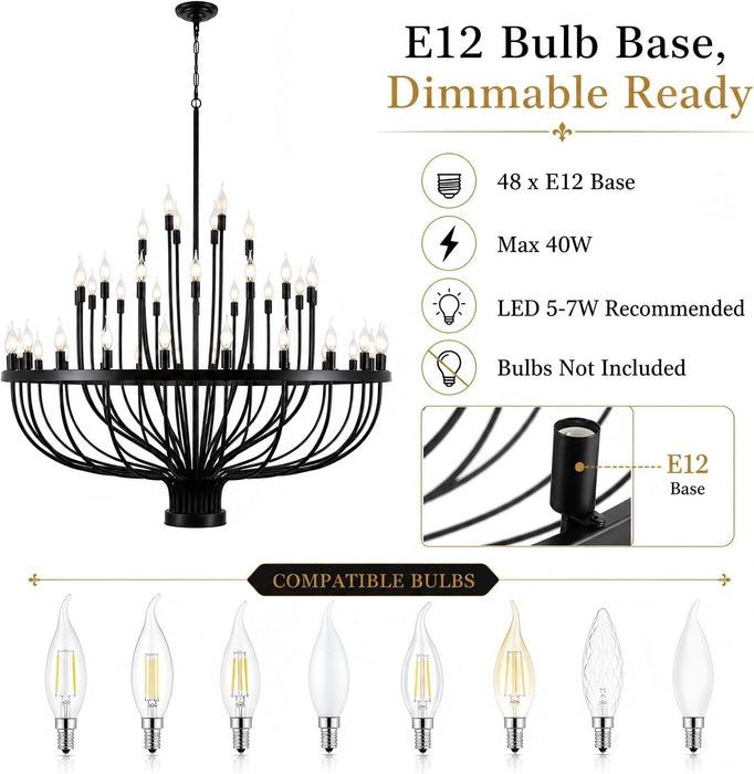Large Chandelier for High Ceilings, 48-Light Black Wagon Wheel Chandelier, 47.2 Inch 3-Tier Extra Farmhouse Dining Room Light Fixture for Foyer, Living Room, Entryway