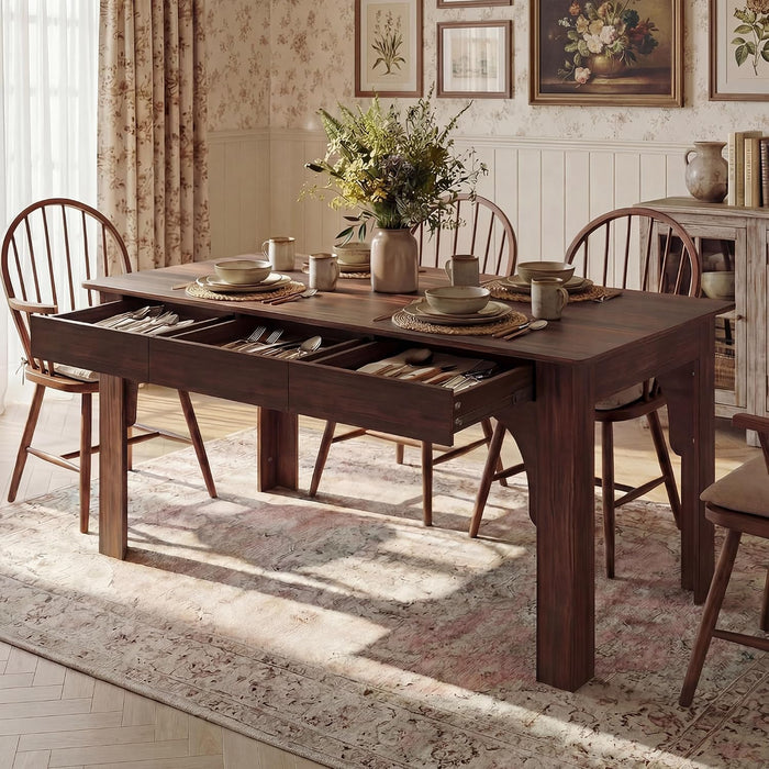 Farmhouse Dining Table for 6-8 People, 68.9" Rustic Kitchen Table with 6 Drawers, Long Rectangle Dinner Table with Wood Grain for Dining Room, Brown