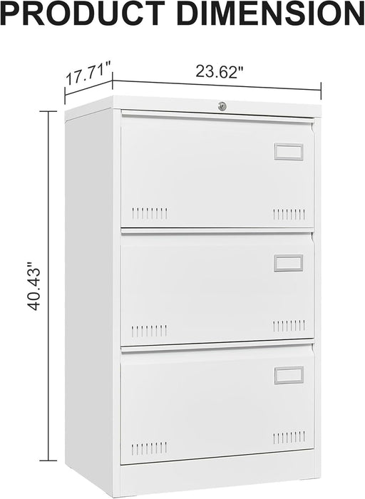 Lateral File Cabinet 3 Drawer File Cabinet with Lock and Card Holder, Metal Steel Lockable Drawer File Cabinets under Desk for Home Office Legal/Letter/F4/A4 White