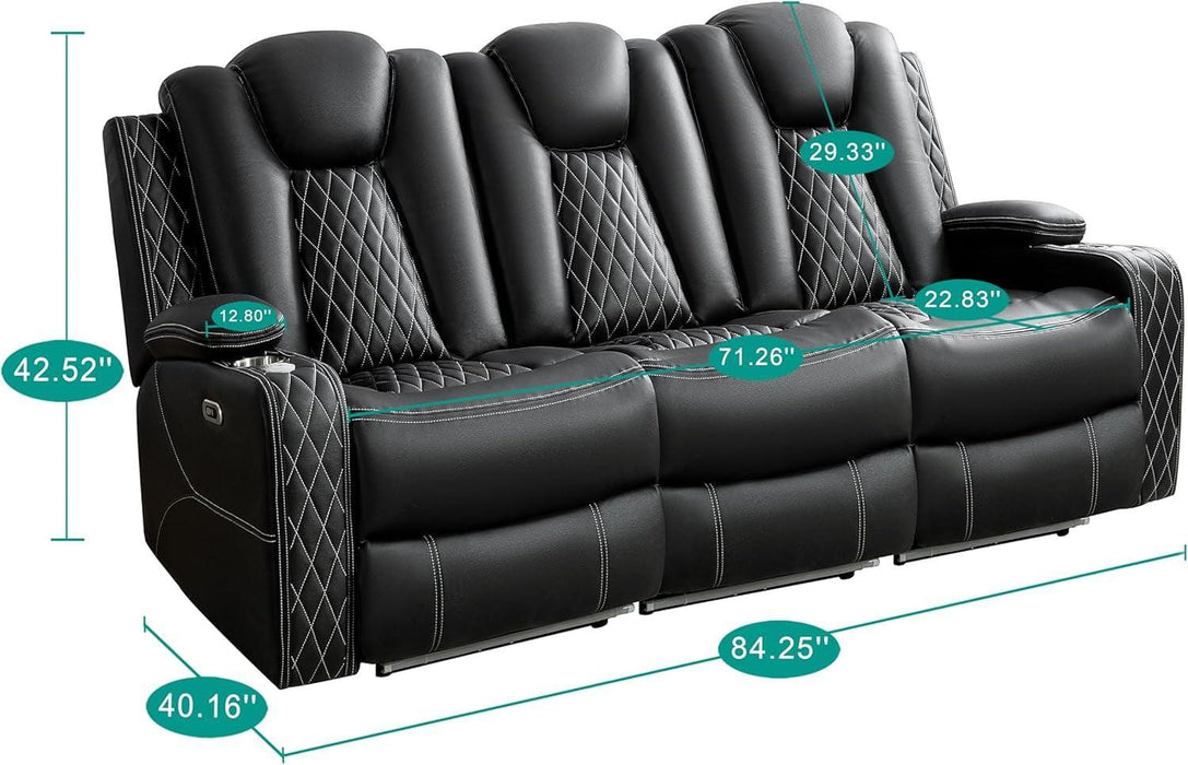 Chicago Power Recliner Sofa & Home Theater Seating with Wireless Charging Electric Recliner RV Sofa with Usb/Cup Holders/Storage/Led Light/Speaker, Black/Air Leather