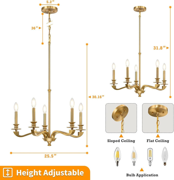 Gold Chandeliers for Dining Room, 25.5 Inch Vintage Gold Chandelier Light Fixture over Table, Farmhouse Candle Chandeliers, 5-Light Brass Chandeliers for Kitchen, Bedroom, Living Room (E12 Base)