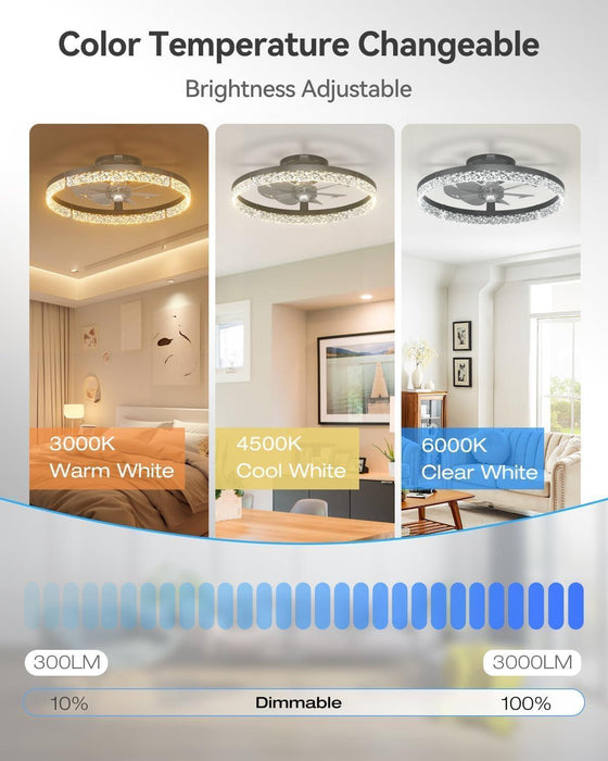 Ceiling Fans with Lights and Remote, 20'' Low Profile Ceiling Fans, 3000-6000K Dimmable Modern Flush Mount LED Fan Light, Fandelier Ceiling Fan for Bedroom, Kitchen, Living Room, Black
