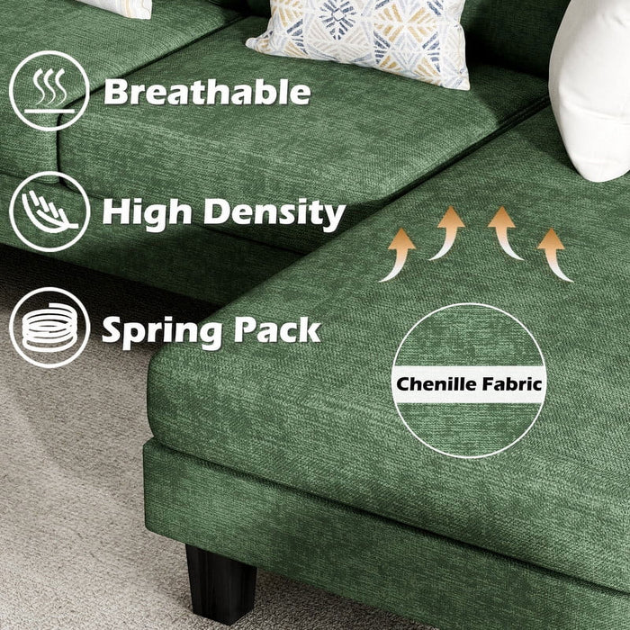 Modern U-Shape Sectional Sofa, Chenille Fabric Modular Couch, 4 Seat Oversized Sofa with Chaise for Living Room, Green