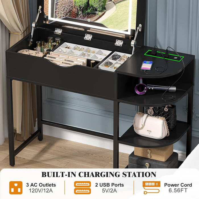 Vanity Desk with Flip Top Mirror and Lights, Makeup Vanity Desk with Drawers, Dressing Table with Storage Shelves & Charging Station, Small Vanity for Small Spaces, Black