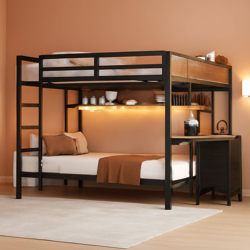 Bunk Bed Twin over Twin with Charging Station and LED Lights, Heavy Duty Metal Bunk Bed with Desk and 3 Storage Drawers, Utility Storage Shelf and Boxes, No Box Spring Needed, Black