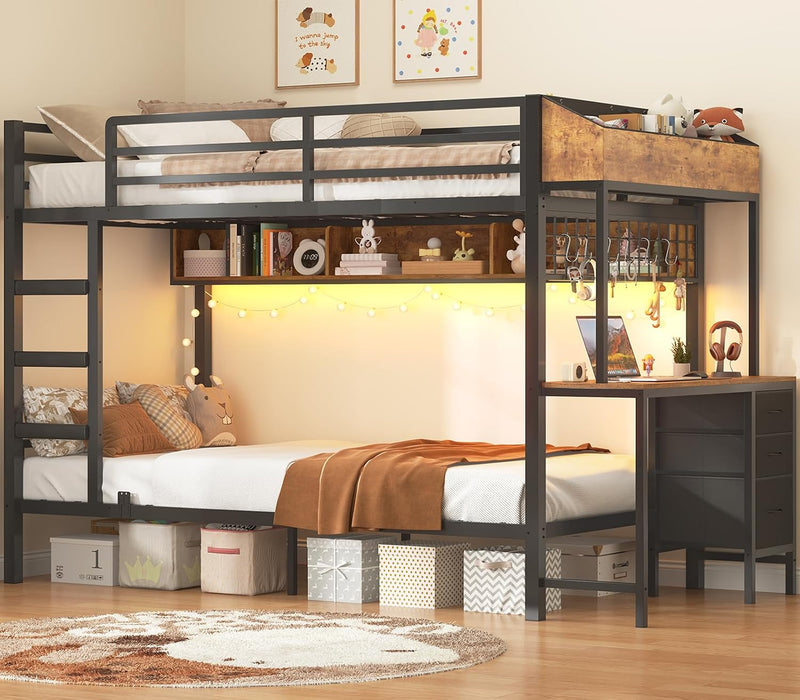 Bunk Bed Twin over Twin with Charging Station and LED Lights, Heavy Duty Metal Bunk Bed with Desk and 3 Storage Drawers, Utility Storage Shelf and Boxes, No Box Spring Needed, Black