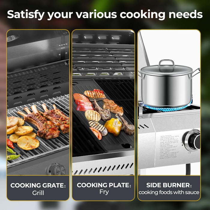 3-Burner Propane Gas Grill with Sider Burner, Stainless Steel Propane Grill 34,000BTU, Multifunction & Protable Outdoor Barbecue Grill with Casters for Camping & Parties