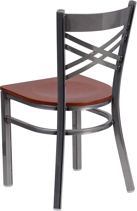 2 Pk. HERCULES Series Clear Coated ''X'' Back Metal Restaurant Chair - Cherry Wood Seat