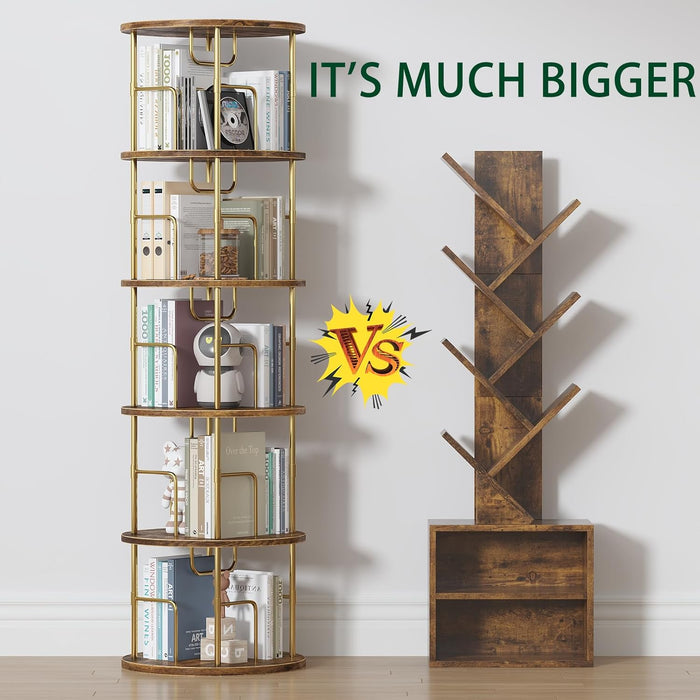 5Tier Rotating Bookshelf, 360 ° Display Stackable Spinning Bookshelf Tower,Round Space Saving Tall Floor Standing Swivel Bookcase Corner Storage Organizer for Bedroom/Living Room/Office，Gold