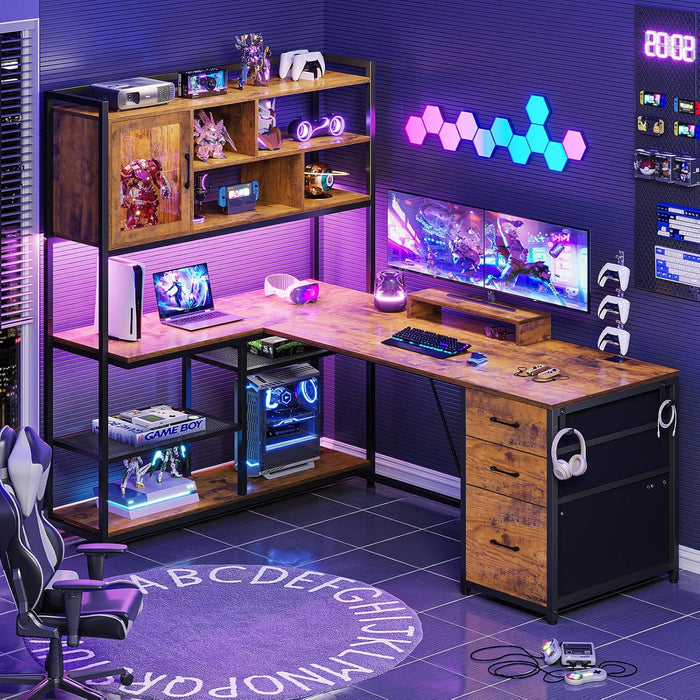 L Shaped Computer Desk, 58'' Office Desk with 3 Drawers and Bookshelf, L Shaped Corner Desk with Storage Shelves and LED Light for Home Office, Gaming Desk, L Desk, Rustic Brown