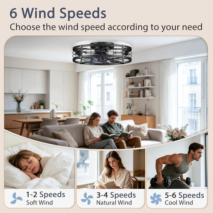 24'' Caged Ceiling Fan with Light and Remote,Rustic Low Profile Ceiling Fan with Light Flush Mount, Black Farmhouse Bladeless Fandelier Ceiling Fans with Lights for Kitchen,Bedroom