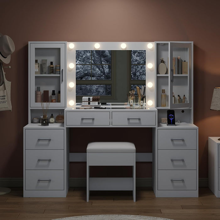 59'' W Large Makeup Vanity Desk with Mirror and Lights, White Vanity with Power Outlet, 8 Drawers & 2 Cabinets, 3 Lighting Modes Brightness Adjustable, Glass Top Vanity with Chair for Bedroom