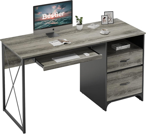 Office Desk with Drawers, 55 Inch Industrial Computer Desk with Storage, Wood Teacher Desk with Keyboard Tray & File Drawer for Home Office, Dark Gray Oak