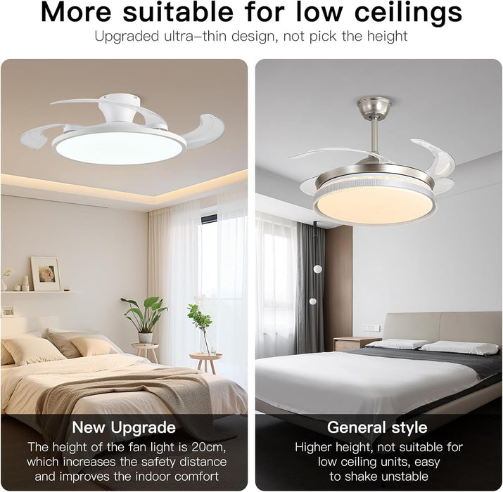 Retractable Ceiling Fan with Lights,42 Inch Low Profile Ceiling Fan with Remote Control,Retractable Blades,Dimmable Full Spectrum,Modern Fandelier for Bedroom Living Room Dinning Room,White