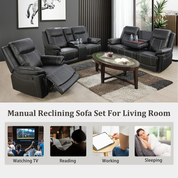 Manual Recliner Sofa Set, Bonded Leather Sofa with Recliners, Reclining Couch Set with Storage Console and Cup-Holders for Living Room/House/Bedroom/Office/Apartment (Black / 3 Pieces Set)
