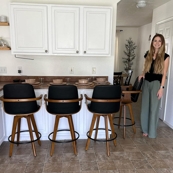 Set of 2 Bar Height Bar Stools - 30 Inch Swivel Bar Stools with Curved Back and Arms, Walnut Craftsmanship, Upholstered Seat, Mid Century Barstools for Bar/ Pub/Island/Coffee (30" Seat Height, Green)