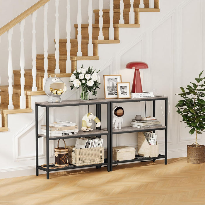 Console Table with Power Outlets, Entryway Table with Storage, Narrow Sofa Table with 3 Tier Shelves, 2 USB Ports, 2 Power Outlets, Hallway Table for Couch, Living Room, Entrance, Grey