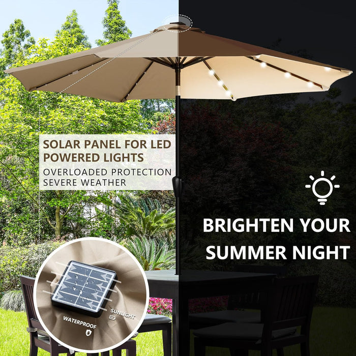 9' round Patio Umbrella with 32 Solar Powered LED Lights, Push-Button Tilt and Hand Crank Lift, Solar Umbrella in Taupe for Porch, Deck, and Patio by
