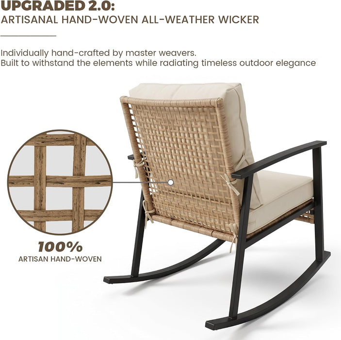 3-Piece Patio Rocking Chairs Set of 2, Rocking Chair Bistro Set [Upgraded 2.0] & 2-Tier Coffee Table, Wicker Rocking Chair Outdoor Patio Furniture Set for Backyard, Porch, Balcony (Beige)