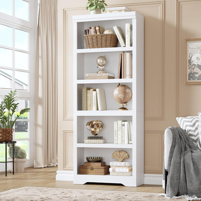 5-Tier Farmhouse Bookshelf, 69" Open Bookcase, Adjustable Shelf, White | Tall Storage Shelf Rack, 23.6"W Wooden Floor Standing Storage Organizer for Living Room, Home Office & Study, Anti-Tip