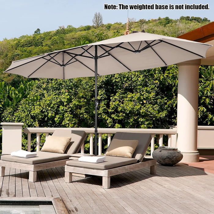 15Ft Double-Sided Patio Umbrella, Outdoor Extra Large Umbrella W/Hand-Crank System & Air Vents, Market Twin Umbrella W/ 12-Rib Sturdy Metal Frame for Poolside, Garden Backyard (Beige)