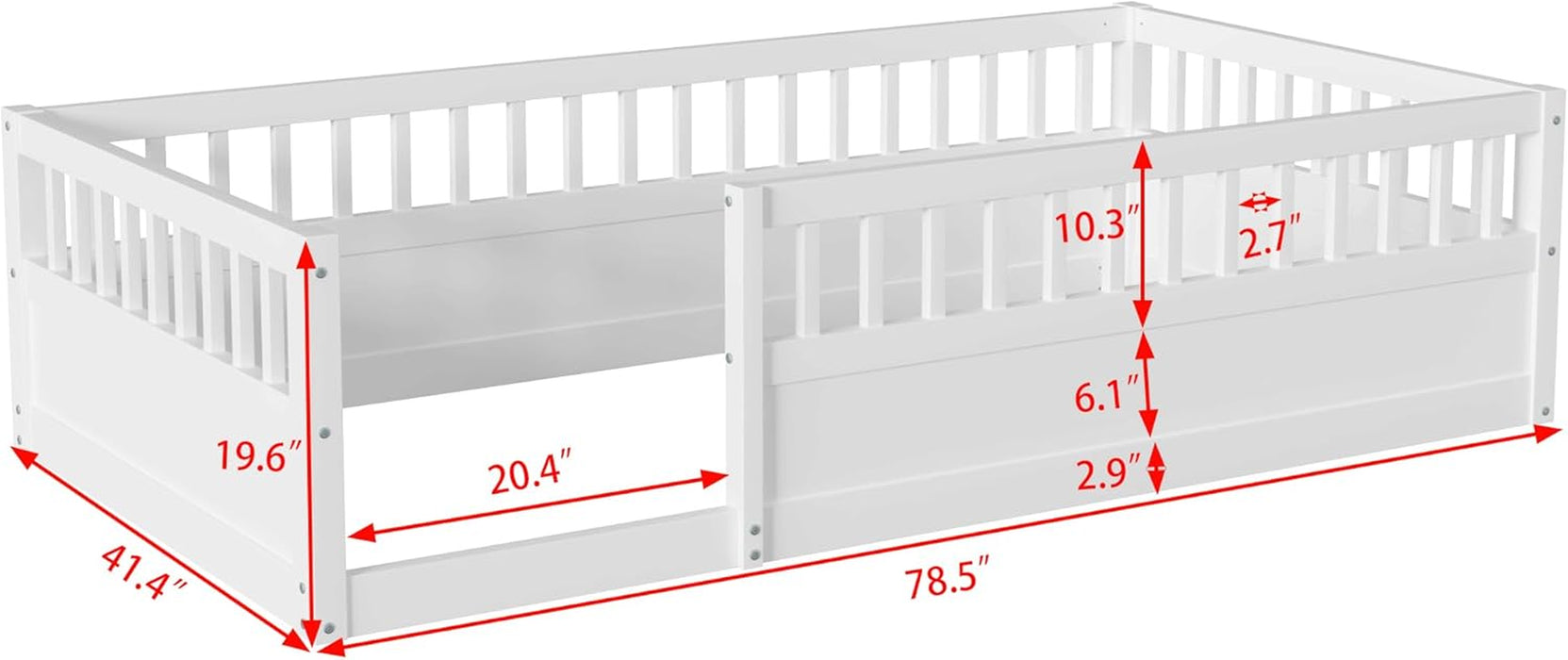 Twin Size Toddler Floor Bed with Safety Fence,Playhouse Floor Bed with High Rails for Children Bedroom,Montessori Bed with Sturdy Soild Wood Slats Guardrails (White, Twin)