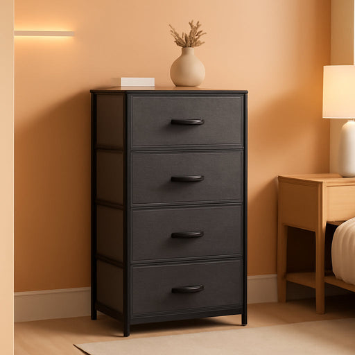 Storage Tower with 4 Drawers - Fabric Dresser, Organizer Unit for Bedroom, Living Room, Closets & Nursery - Sturdy Steel Frame, Easy Pull Fabric Bins & Wooden Top