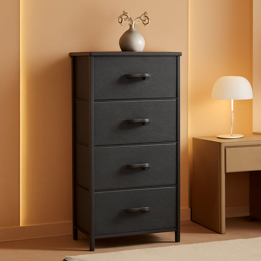 Dresser with 4 Drawers - Fabric Storage Tower, Organizer Unit for Bedroom, Living Room, Hallway, Closets - Sturdy Steel Frame, Wooden Top & Easy Pull Fabric Bins