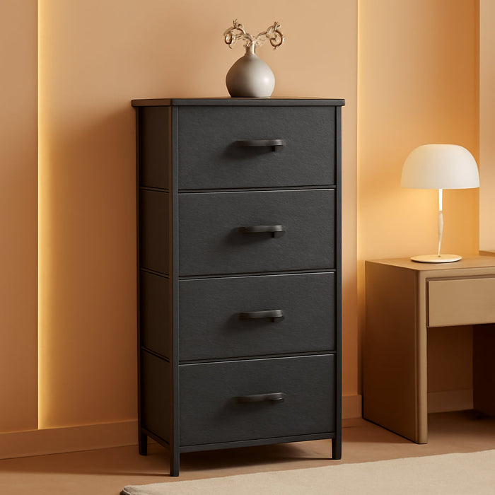 Dresser with 4 Drawers - Fabric Storage Tower, Organizer Unit for Bedroom, Living Room, Hallway, Closets - Sturdy Steel Frame, Wooden Top & Easy Pull Fabric Bins