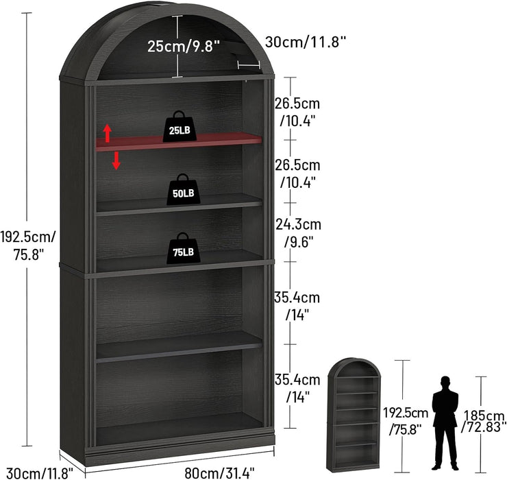 Arched Bookshelf, 75.8" Tall Arch Bookcase with Storage