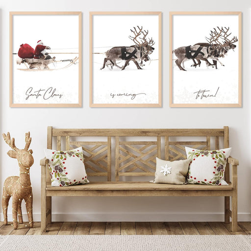 3Pcs Christmas Wall Art Prints 12X16In Santa Claus Reindeer with Sleigh Art Poster Decor Large Aesthetic Xmas Posters Room Decor for Gallery Living Room Bathroom Wall Decor(Unframed)