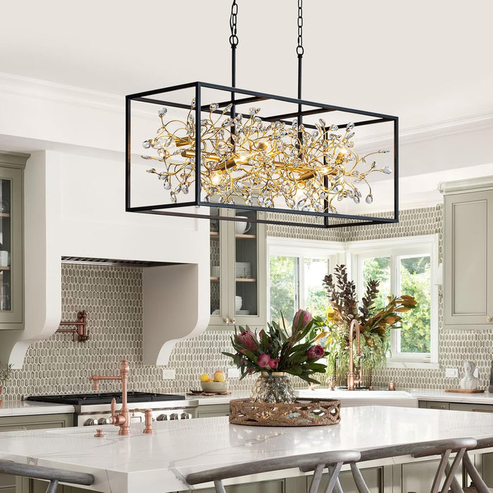 Black and Gold Chandelier, 8-Light Rectangle Crystal Chandeliers Rectangular Modern Farmhouse Pendant Light Fixture for Dining Room Kitchen Island Large, L38.5 Inch