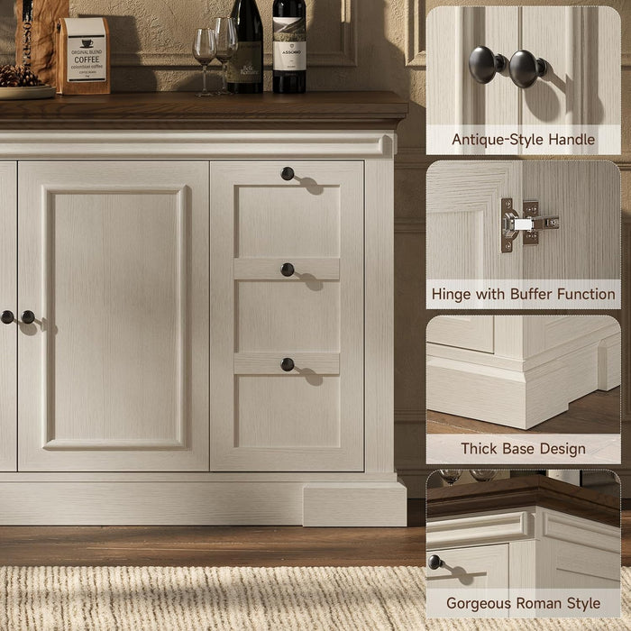 Sideboard Buffet Cabinet with Storage, 63" Large Credenza Kitchen Storage Cabinets with Drawer and Door, Wood Coffee Bar Table with Adjustable Shelf for Living Room, Kitchen, American Retro, off White