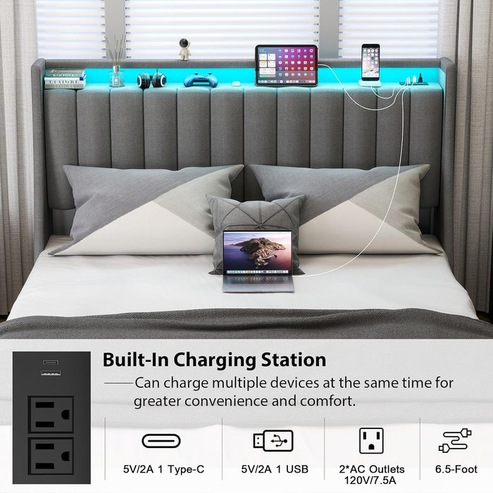 Queen Bed Frame with 2 Storage Drawers, Platform Bed Frame Queen Size with LED Light, Upholstered Headboard, Charging Station, Steel Slat Support, No Box Spring Needed, Noise-Free, Easy Assembly, Gray