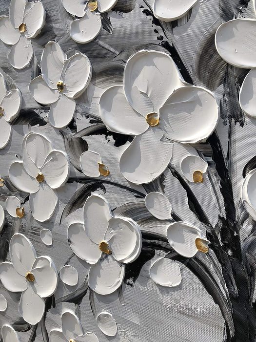 3D White Flower Canvas Wall Art Hand Painted Grey Paintings Vertical Artwork for Living Room Bedroom Hallway Decoration